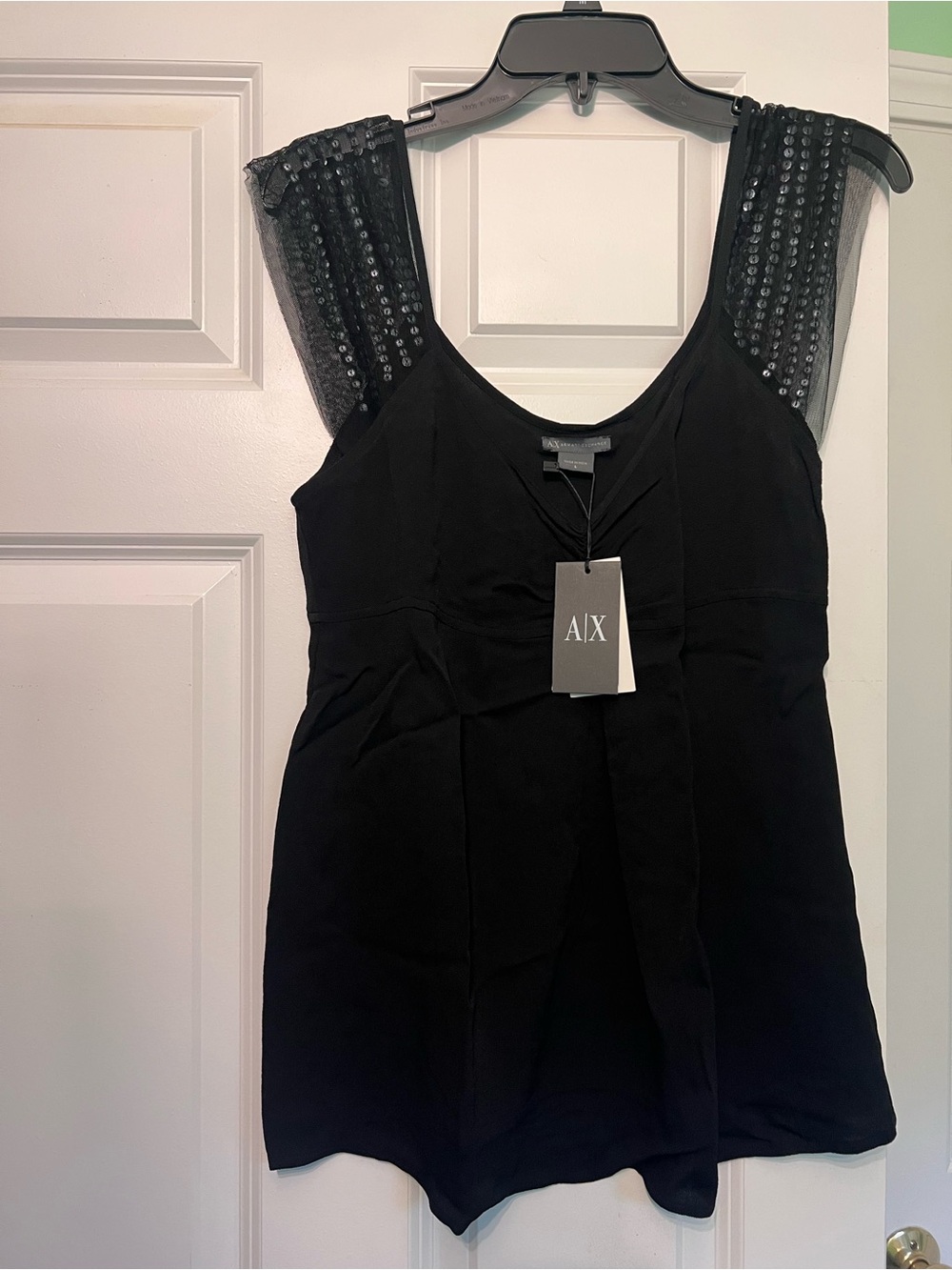 A/X Armani Exchange Black Beaded Mesh-Shoulder Camisole